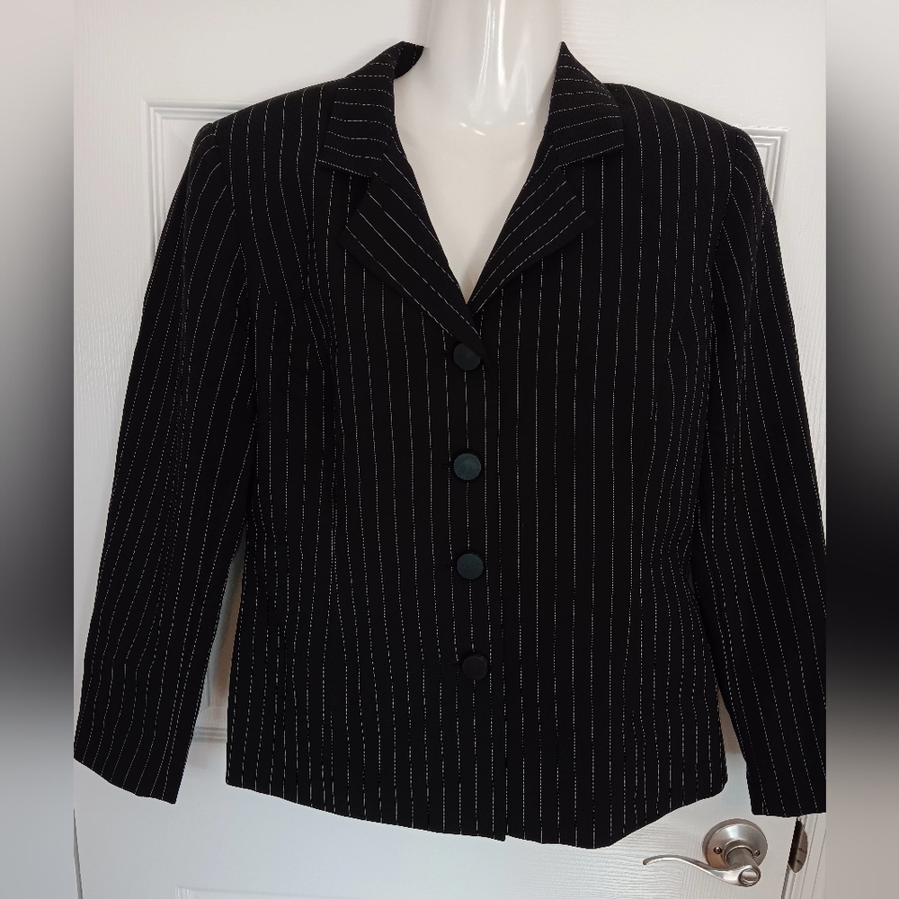 Adolfo Atelier Womens Size 10 Pin Striped Dress Jacket Black Button Down